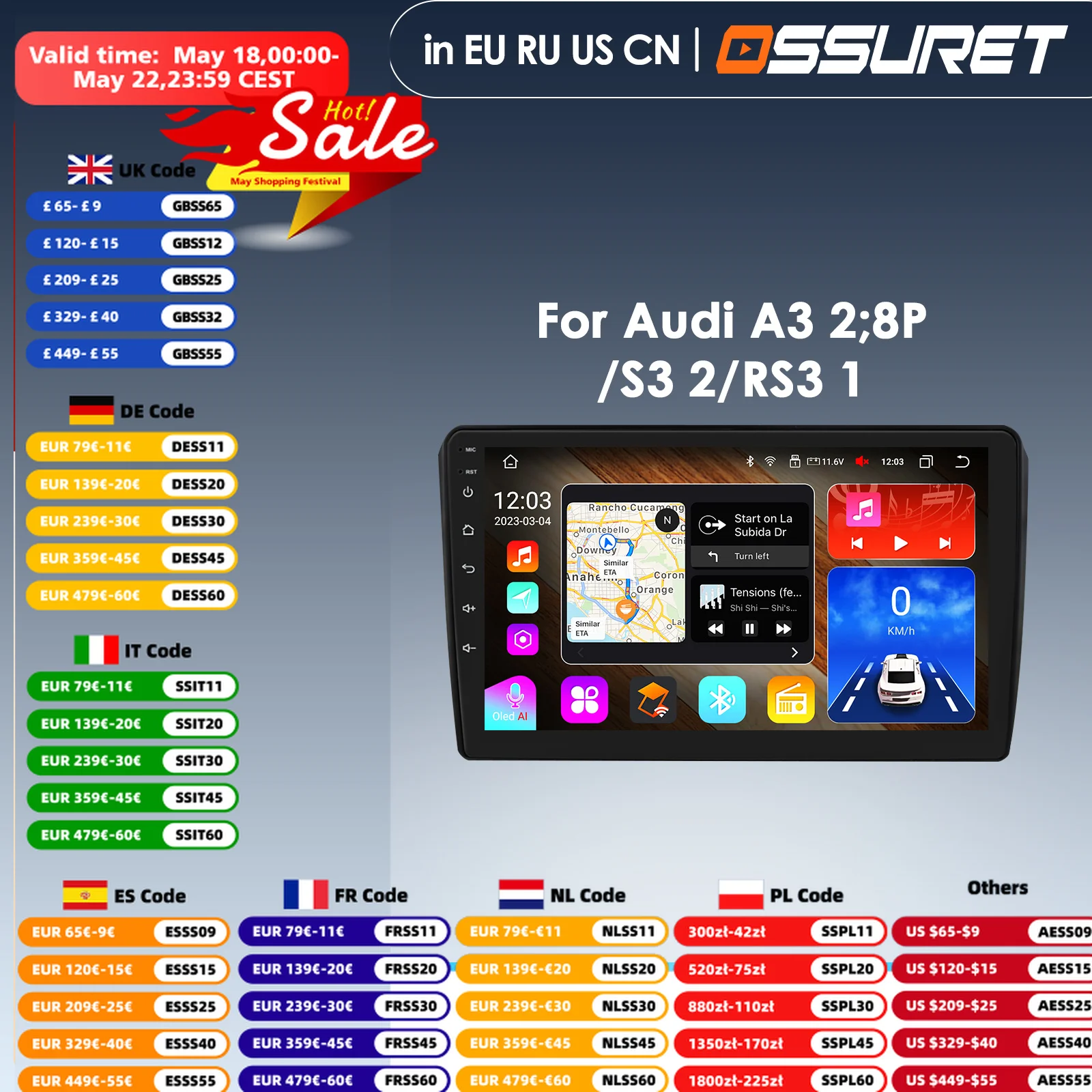 

360 Cam AI Intelligent Player 2din Android14 Car Radio for Audi A3 8P 2003- 2011 S3 RS3 Sportback Autoradio GPS Carplay 4G WIFI