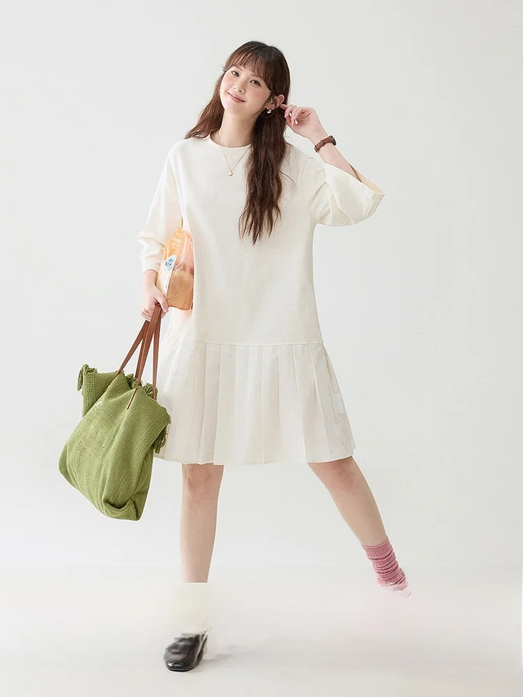 

AMUU Original Design Summer New Loose Pure Cotton Women's Dr Skirt T-irt Gown Korean Sle Pleated Wraparound Dr