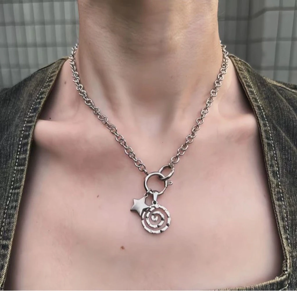 Retro Punk O Chain Spiral Star Charms Pendant Necklace for Women Vintage Gothic y2k Aesthetic Necklace Jewelry