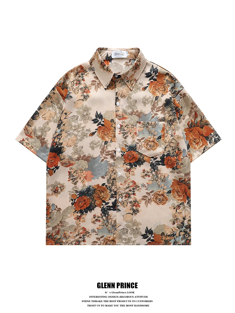 

Мужская винтажная рубашка GPstudio с цветочным принтом, из ледяного шелка, свободного кроя, летняя, модная, повседневная, дышащая, из полиэстера