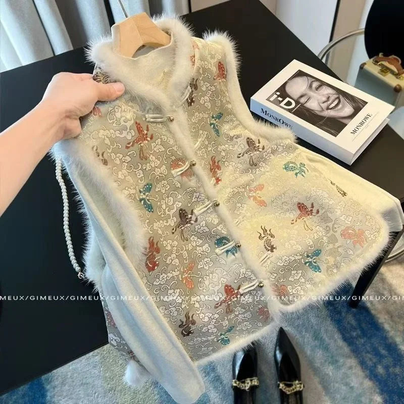 

Women's Jackets Women's Vest Autumn and Winter new Coat Sleeveless Vest Female National Wind Embroidery Cotton Vest Thick Coat