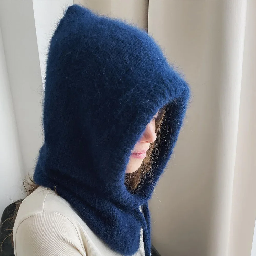 Y2K Imitation Mink Balaclava Beanies Hat for Women Winter Warm Scarf and Neck Protection with Drawstring Knitted Gorras