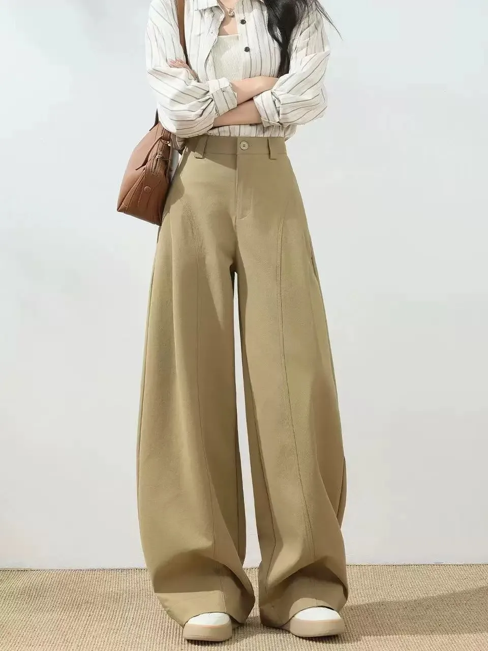Fashionable Side Pleated Wide Leg Pants Loose Slimming Straight Blade Pants Casual High Waist Button Other Material Women's P...