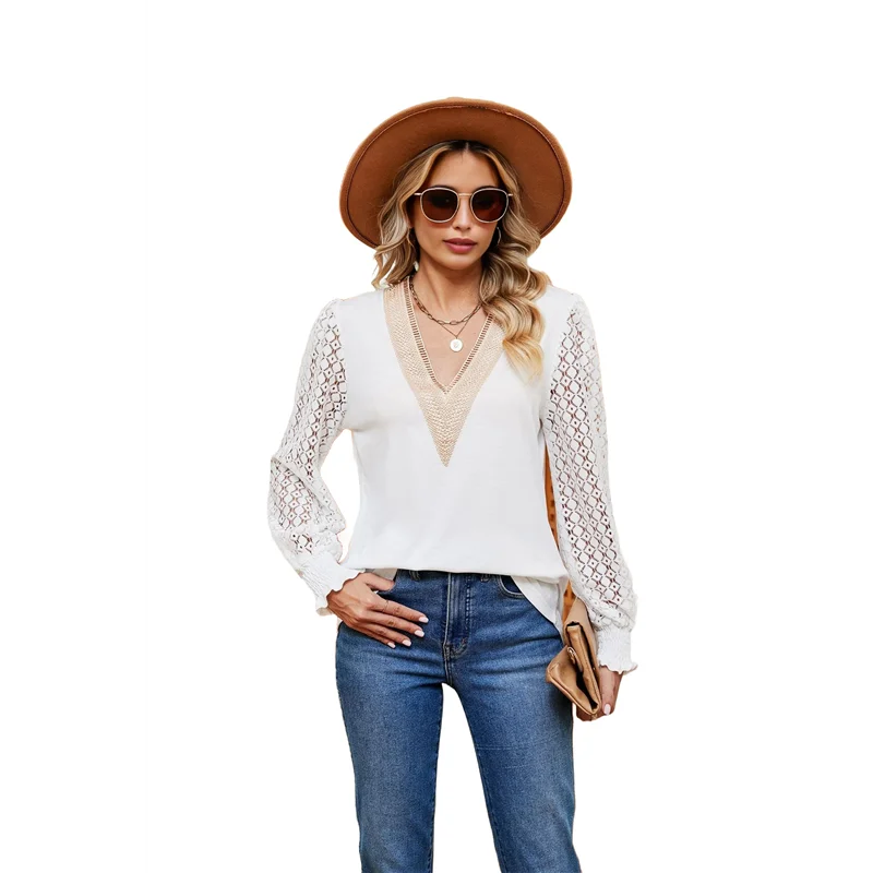 

ABRT-Women's V Neck Shirred Mesh Flounce Long Sleeve Blouse Casual Top
