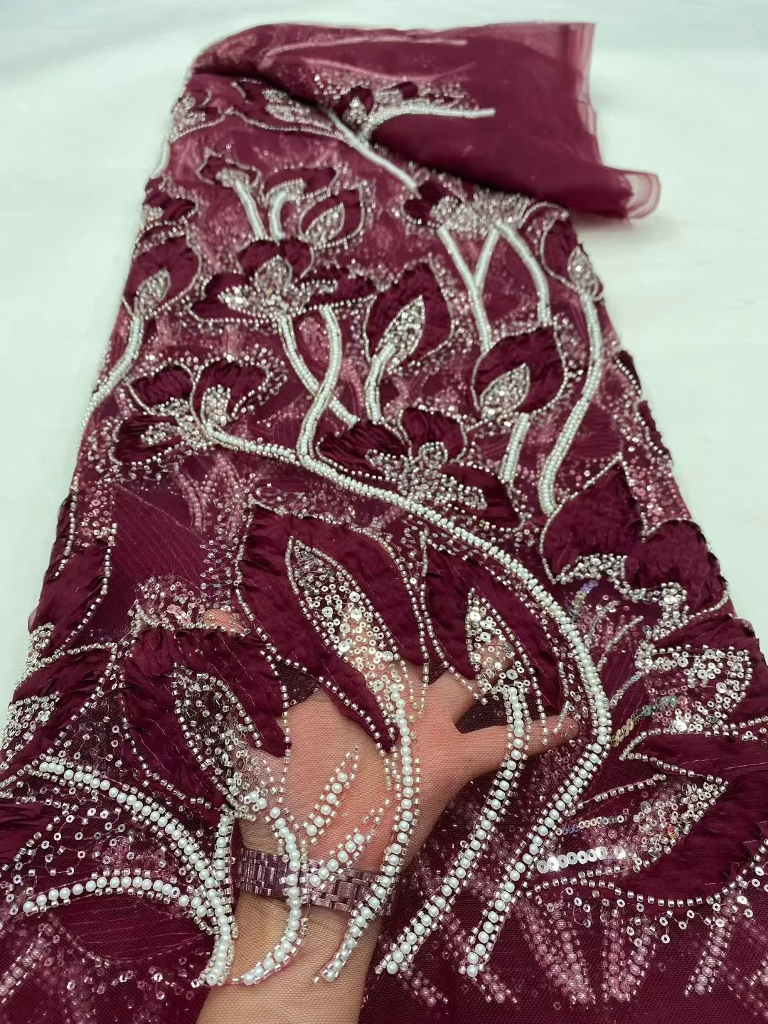 

African Nigerian 2025 Sequins Embroidery Tulle Lace Fabric High Quality Beads Stone Prom Dresses Sewing Guipure 5 Yards DP0487