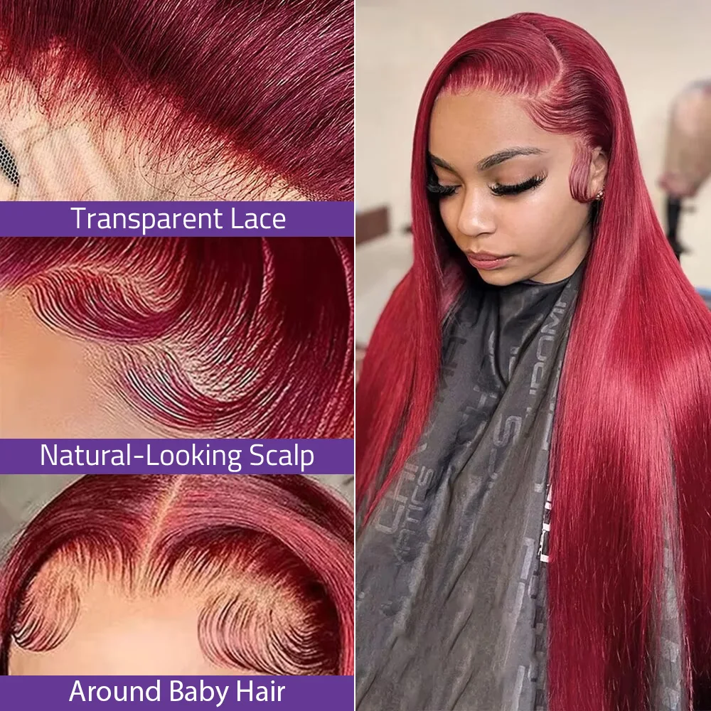 99J بورجوندي الدانتيل أمامي باروكة من شعر طبيعي 13x6 HD الدانتيل مستقيم شعر مستعار أمامي ملون 40 بوصة خصلات الشعر المستعار الإنسان للنساء 220 الكثافة #2