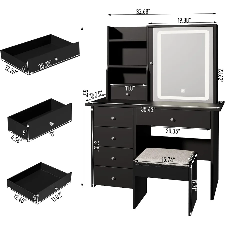 Vanity Desk with Mirror and LED Lights, Makeup Vanity Set with Power Outlet, and Stool, Jewelry Storage, Vanity Desk for Bedroo