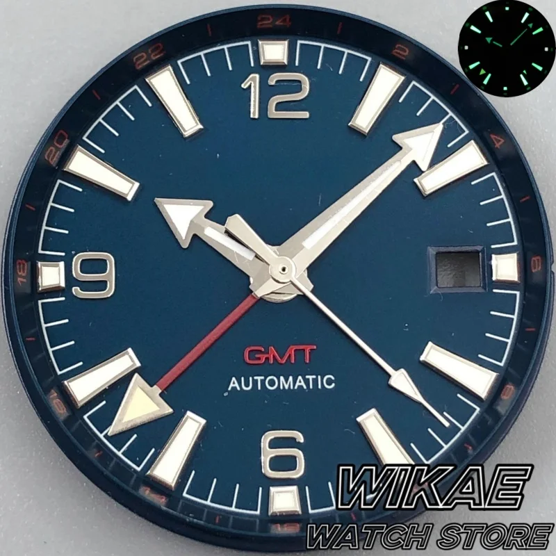 

31 мм черный, синий циферблат часов GMT с кольцом главы и ручным набором, красный GMT, светящийся в темноте, подходит для часов с автоматическим механизмом DG3804 GMT