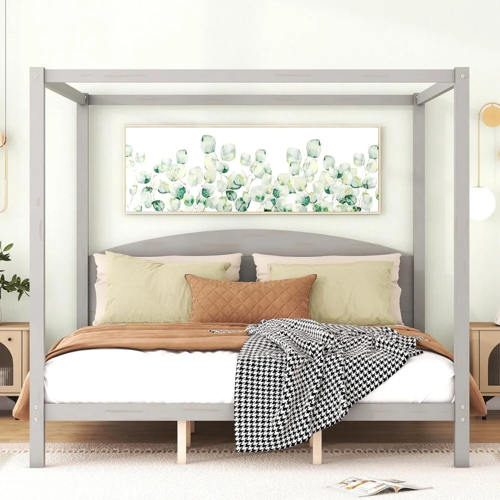 King Size Merax Wood Canopy Bed with Headboard, 8 Support Legs, Textured Classic Design, Squeak Resistant, No Box Spring Needed