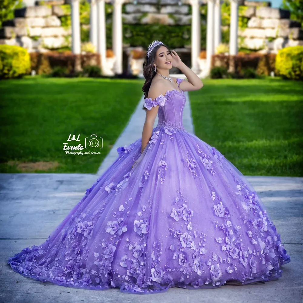 Vestido De baile De encaje con flores 3D lilas, quinceañera, hombros descubiertos, corsé con cuentas De cristal, 15 Años