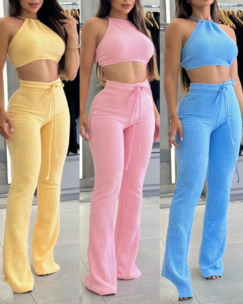 

Two Piece Sets Womens Outfits Waffle Knitted Sexy Backless Halter Crop Top Drawstring Wide Leg Pants Set