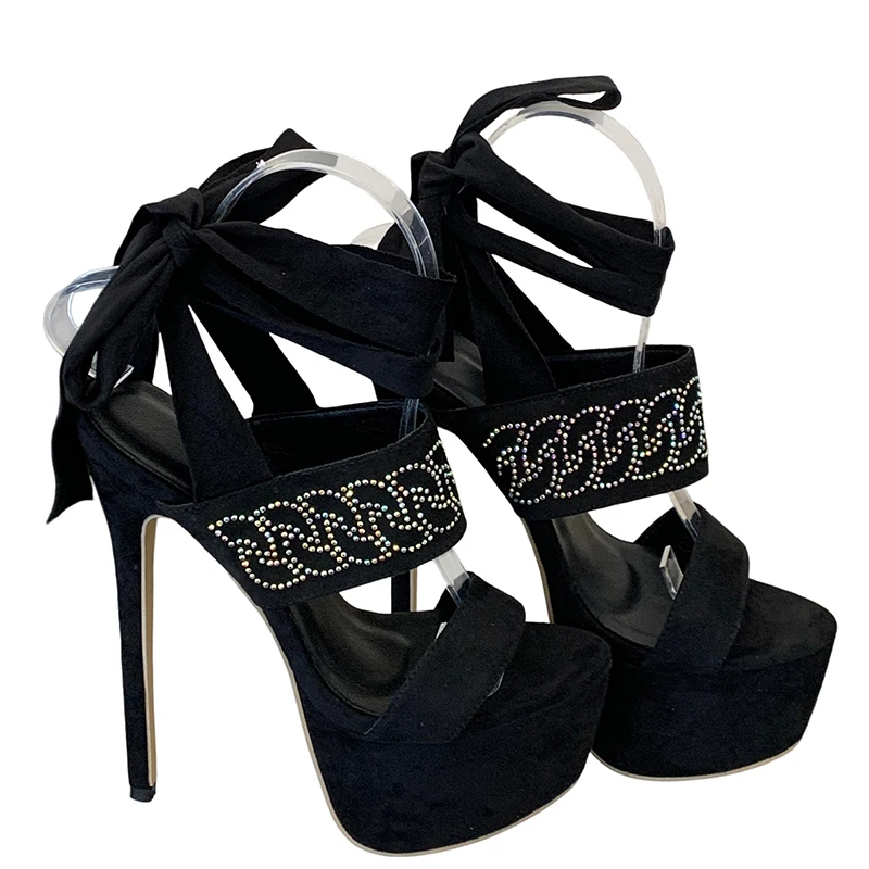 Black Heels Sandals 17cm Extreme High Heels Summer Ladies Party Shoes Sexy Ankle Strappy Platform Sandals Woman Rhinestones Shoe