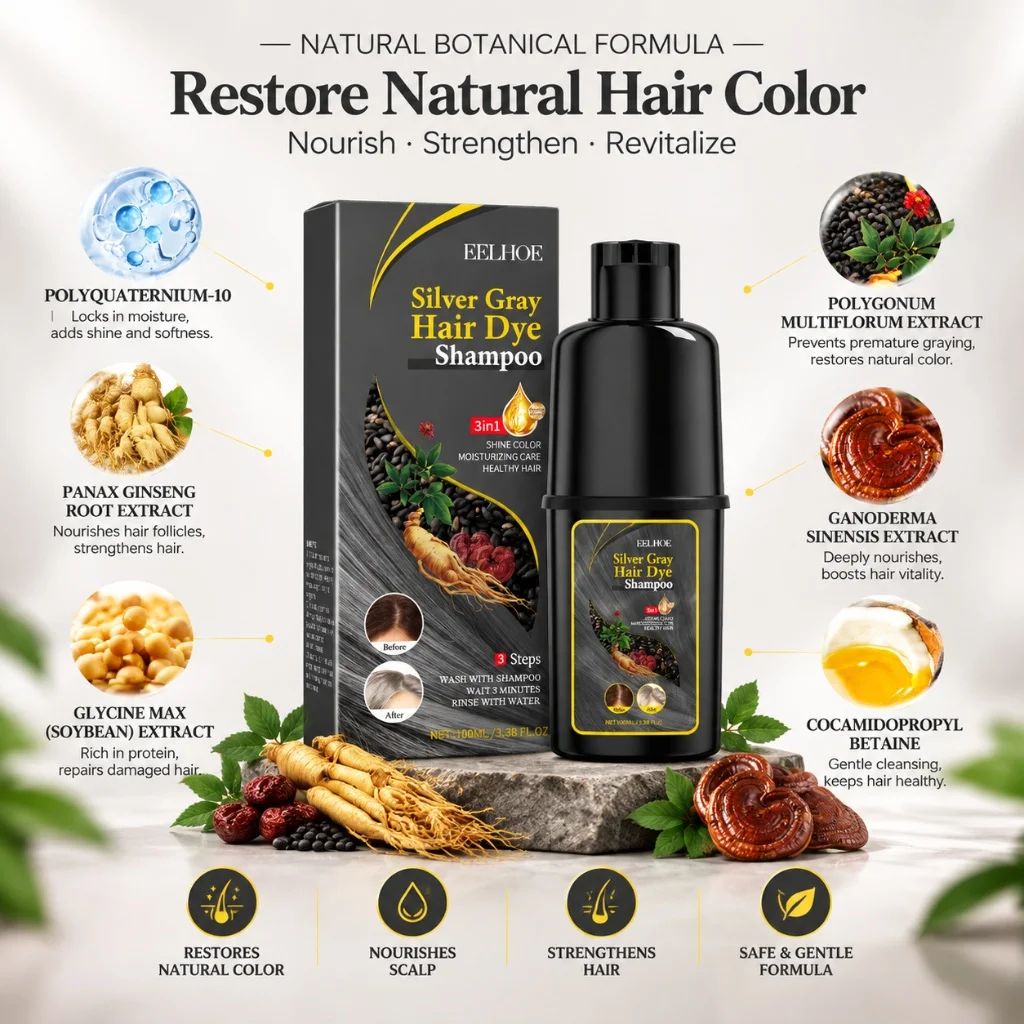 Silver Gray Hair Dye Shampoo 3 in 1 Gentle Hair Color Shampoo Moisturizing Shiny Smooth Long Lasting for Healthier Looking Hair - view 2