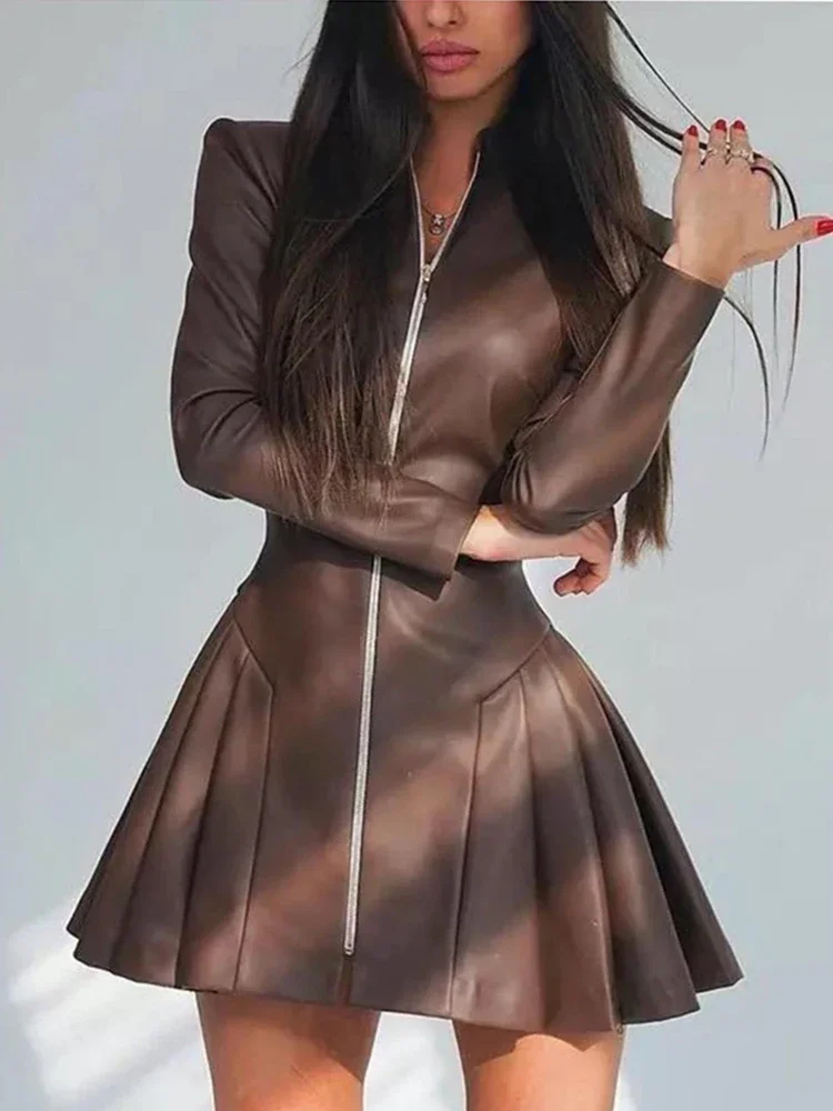 Vintage Elegant Long Sleeve Ruffle PU Dress Women Slim High Waist Zipper Mini Dresses Fashion Sexy  A-Line Leather Female Dress