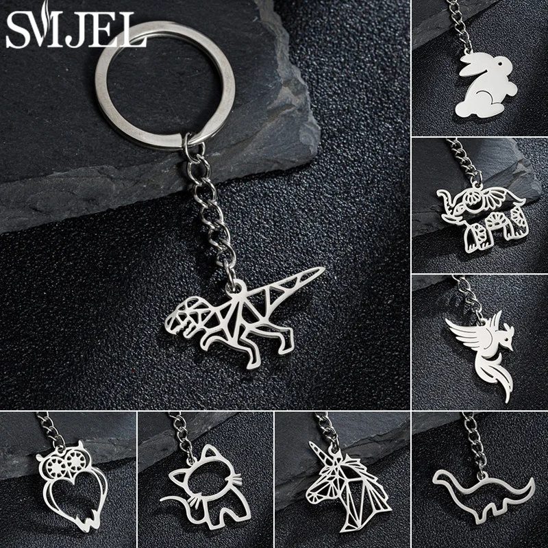 Stainless Steel Keychain Cartoon Silver Color Dog Paw Key Chain Fashion Owl Rabbit Cat Pendant Keyring for Women Man Jewelry NEW