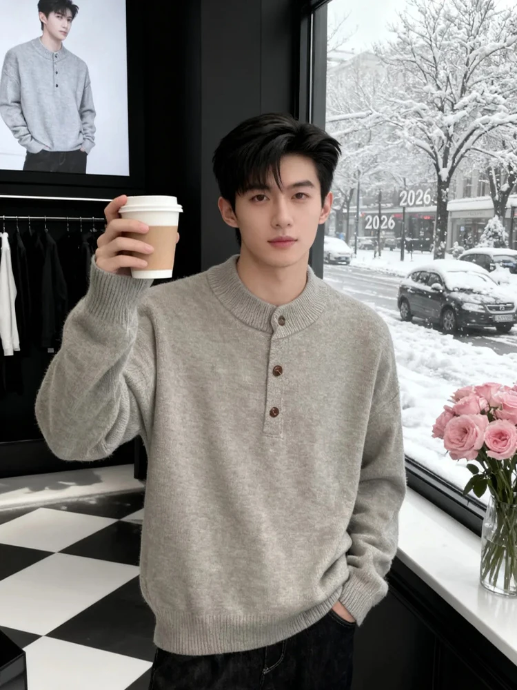 

Американский винтажный мужской вязаный свитер с воротником хенли, зимняя верхняя одежда, базовый слой, вязаная кофта в стиле кэжуал