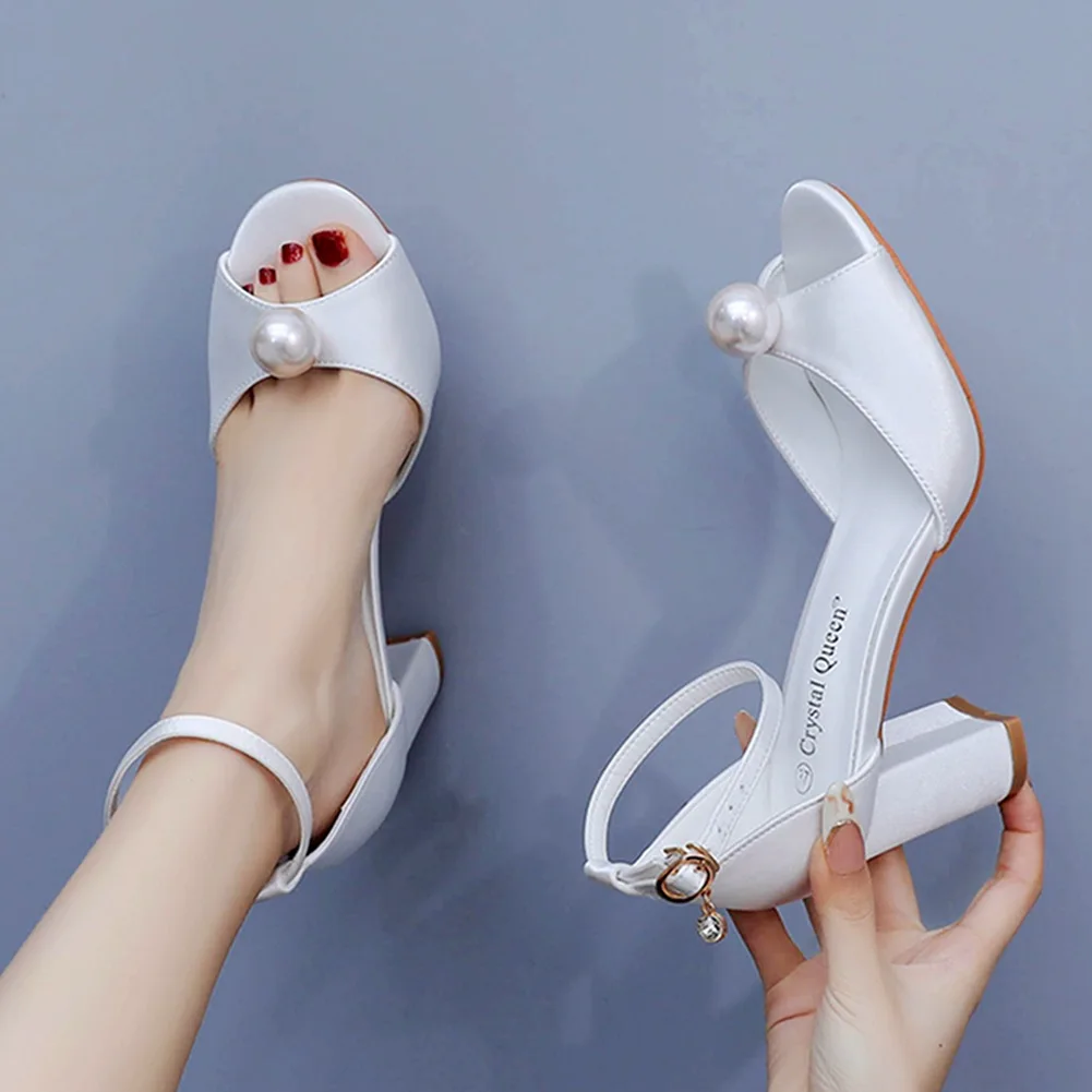 7cm fish billed high heel sandals with shallow mouth, pearl oversized round toe high heels, silk fabric, thick heel sandals