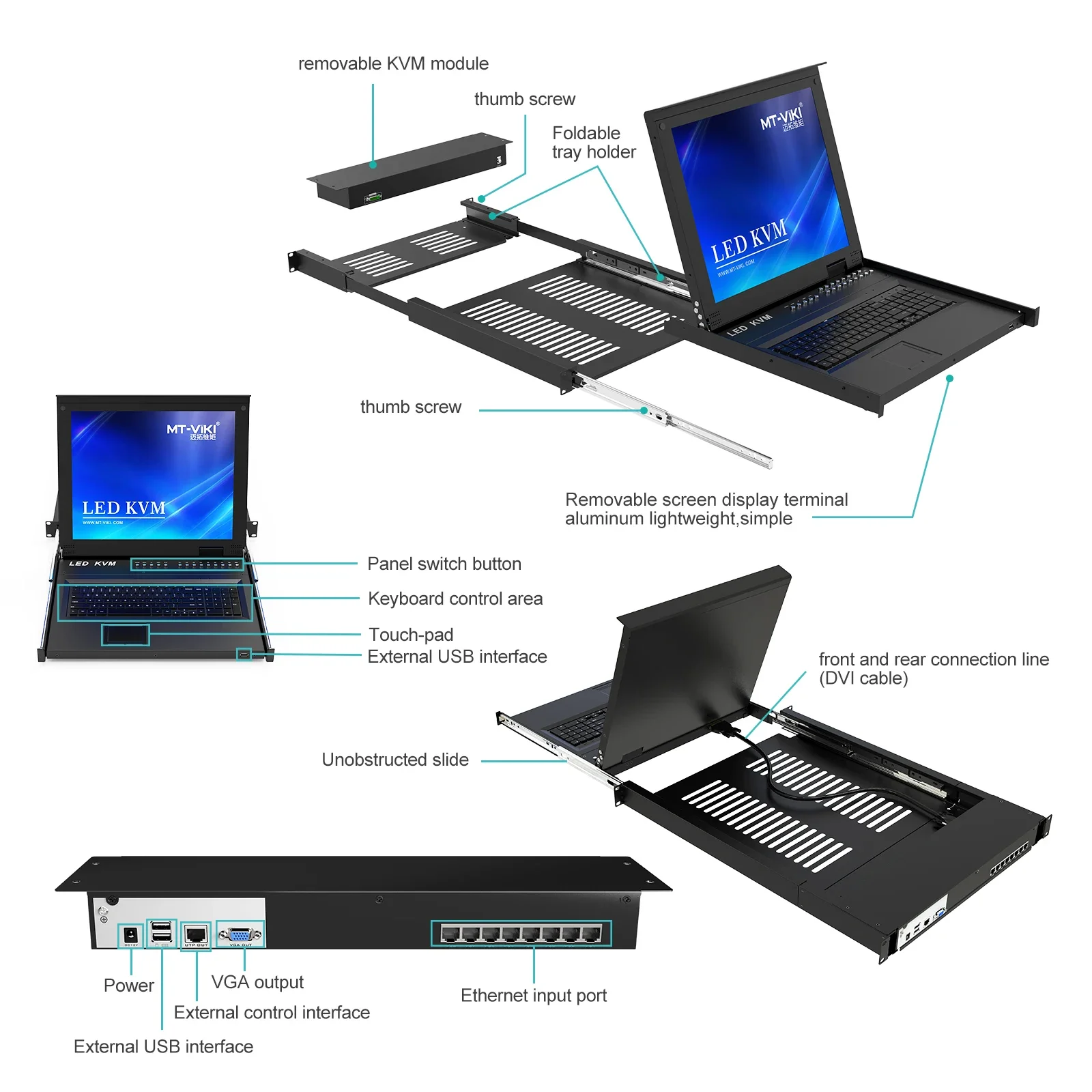 Console KVM LCD da 17 "VGA a 8 porte, cassetto Console KVM Rack 8x1 MT-VIKI per Rack 1U + cavi da 8 pacchi, interruttore KVM LCD