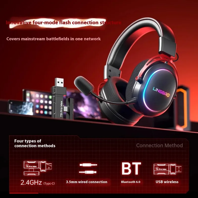 LINGBAO T9Pro سماعات أذن مثبتة على الرأس 4 وضع 2.4g بلوتوث كمبيوتر CS مع ميكروفون سماعات الألعاب الجمال هدية للأولاد