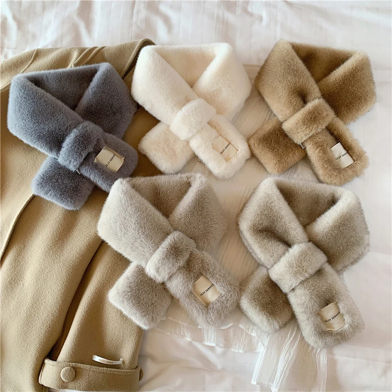 Women Winter Warm Thicken Scarfs Solid Color Faux Rabbit Fur Plush Cross Collar Scarf Shawl Elegant Warm Soft Comfortable Scarf