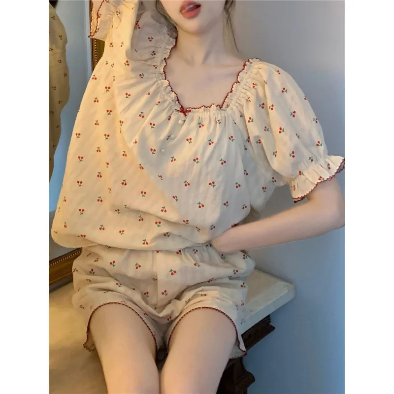 

New Cherry Print Short Sleeved Dress Sleepwear Set, Cute Home Sleepwear, Fashionable And Elegant Women's Sleepwear Set