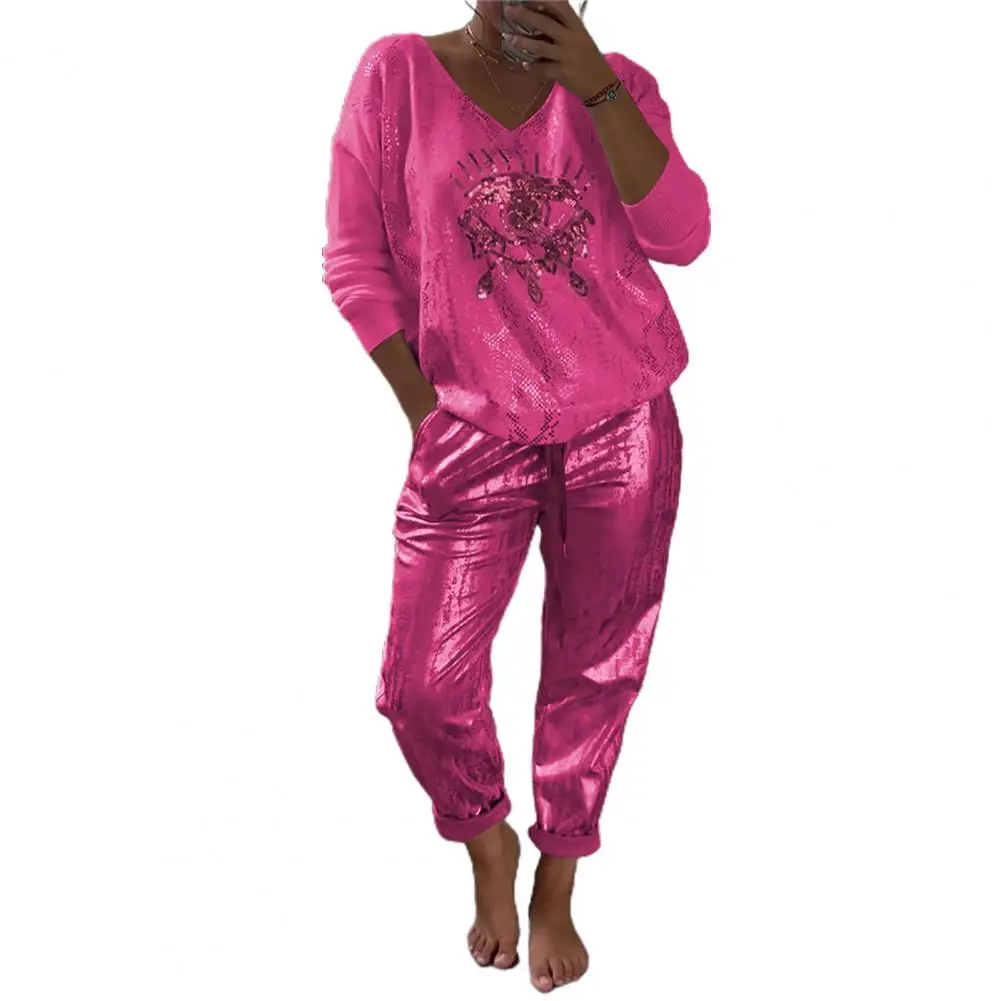 Devil Eye Bronzing Pattern Suit Eye Print V Neck Top Pants Set Loose Bronzing T-shirt Trousers for Women 2 Pcs/set Women Wide