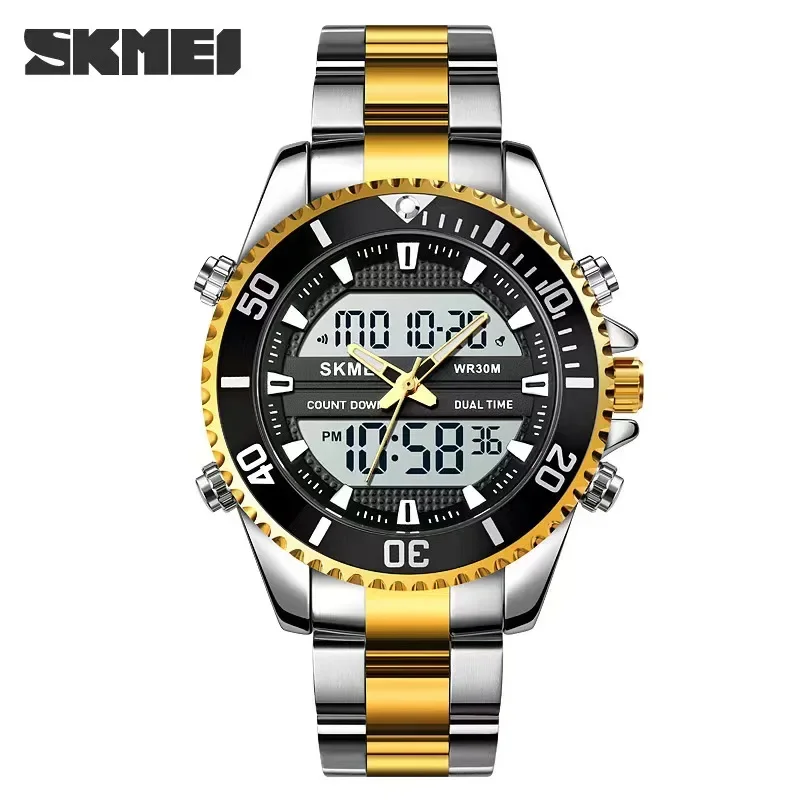 SKMEI 1850  Alarm Men Clock Waterproof Stainless Steel Relogio Masculino Dual Display Watches Mens Fashion Digital Wristwatches