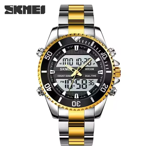 SKMEI 1850 Alarm Men Clock Waterproof Stainless Steel Relogio Masculino Dual Display Watches Mens Fashion Digital Wristwatches