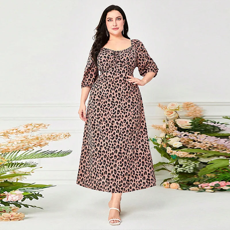 ZZ6168INS summer plus size dress printed leopard print square neck short sleeved dress