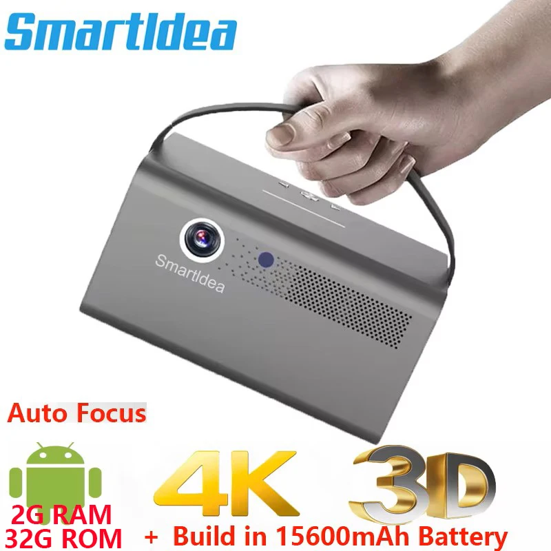 Smartldea Blu Ray 3D DLP Projetor Auto Focus Android 2G RAM 32G ROM construir em bateria de 15600mah Projetor diurno de alto brilho