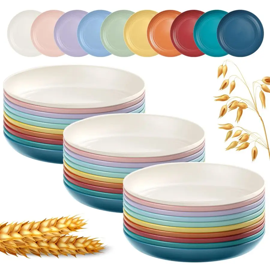 

Набор из 9 легких тарелок из пшеничной соломы, небьющиеся глубокие обеденные тарелки, многоразовые пластиковые тарелки, посуда разных цветов, размер S
