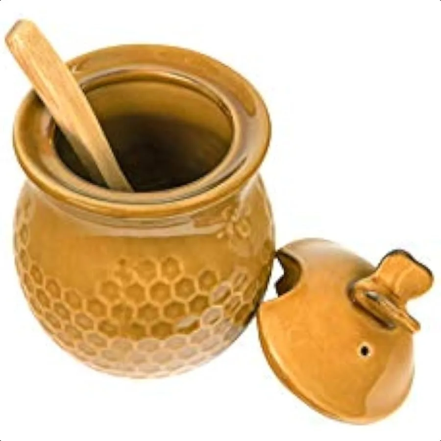 Piccolo barattolo di miele in gres con api decorative gialle da 3 pezzi con coperchio e mestolo per miele in legno