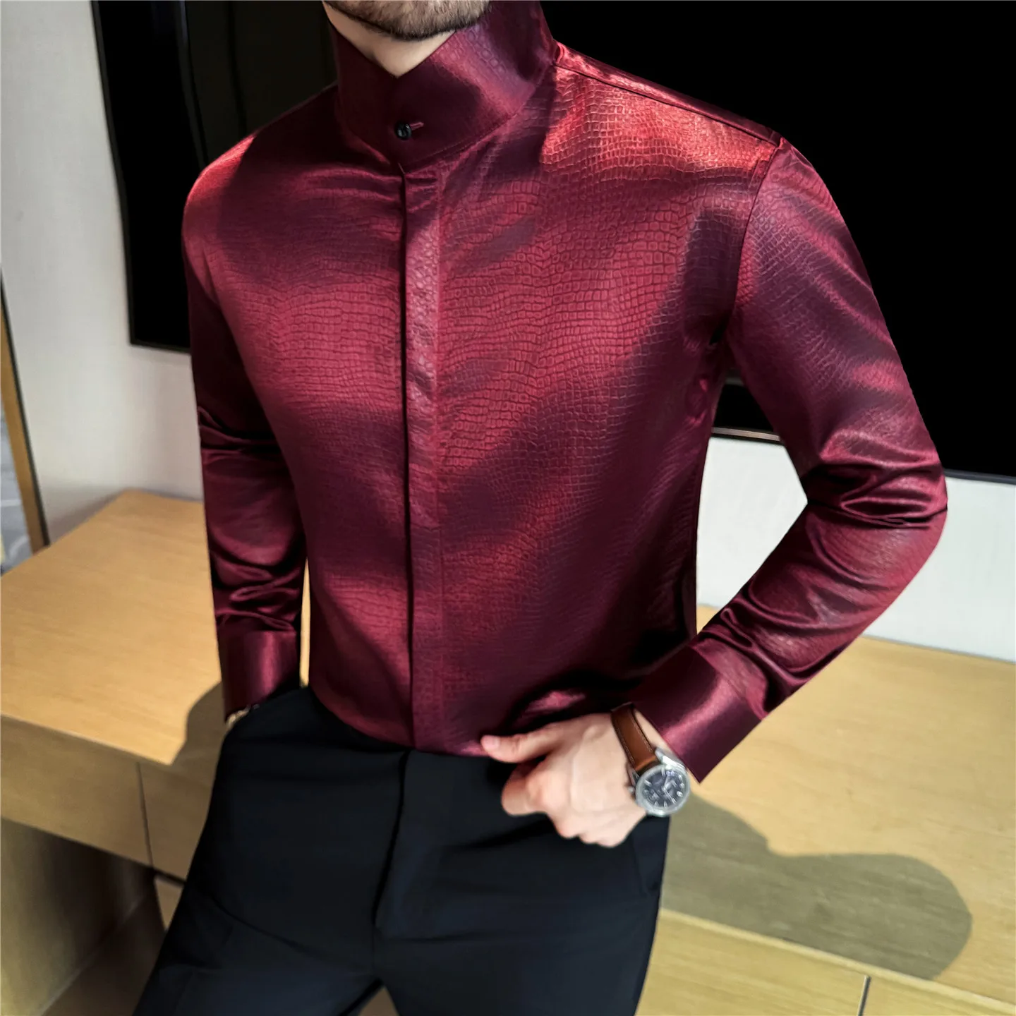 

Stand Collar Shirt Men Personality Print Bright Face Skin-friendly Long Sleeve Shirt Party Prom Designer Clothes 2025 Autumn New