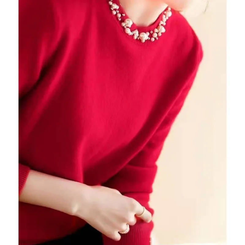 Simplicity Elegant Beading Patchwork Women\'s Sweaters Autumn Winter Fashion Temperament Round Neck Solid Color Knitted Tops