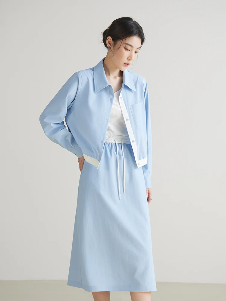 DUSHU Sun Protection Women Long Sleeve Shirt Skirt Set Light Blue Spring Summer Female Shirt Jackets 24DS81288+24DS81289