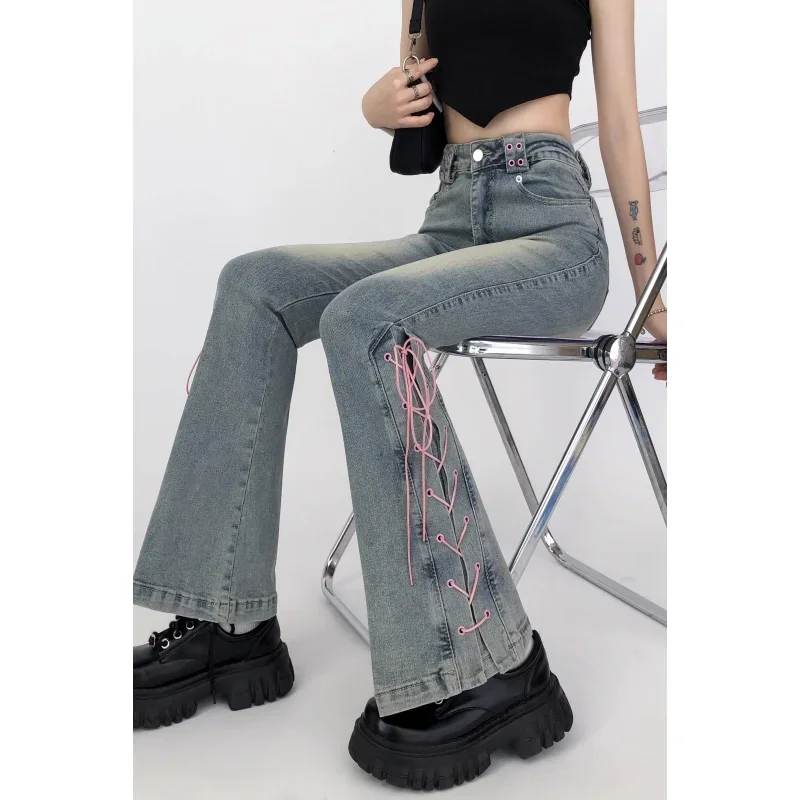 

MOJY Jeans Women Drawstring High Waist American Wide Leg Pants Y2K Style Fashion Female Pants 2024 NEW Autumn Straight Trousers