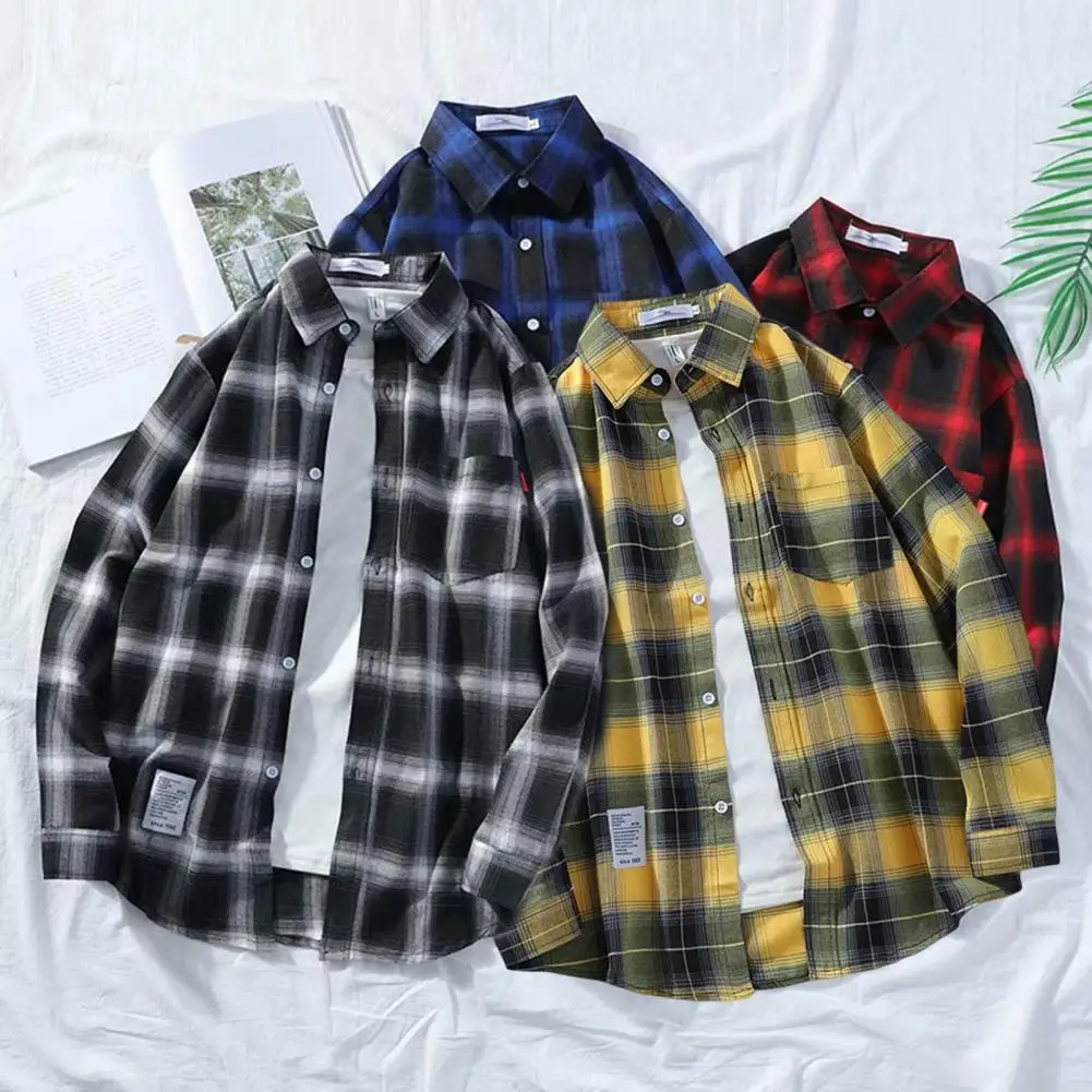 Men Shirt Jacket Plaid Printing Long Sleeves Patch Pocket Button Placket Shirt Jacket Spring Plaid Pattern Office Cardigan Shirt