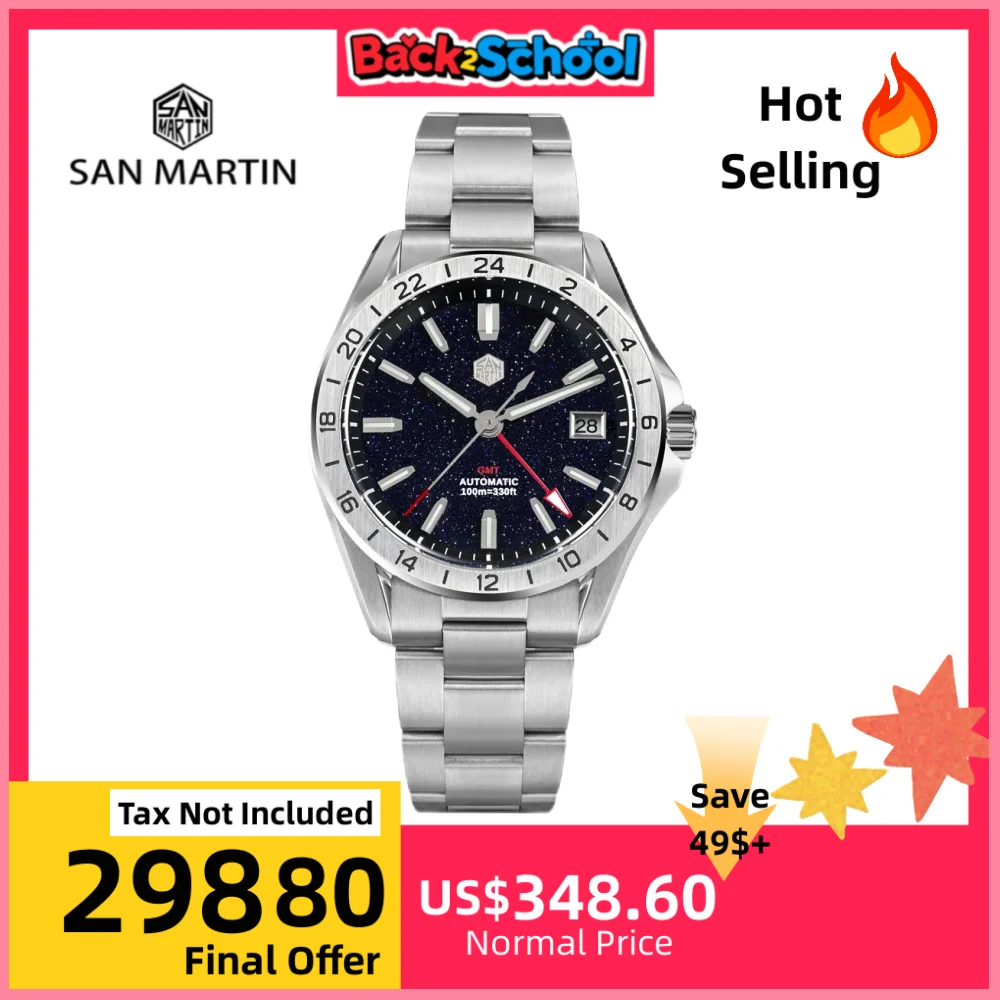 

San Martin 39mm Natural Gemstone Dial Men's Watch Mechanical NH34 Automatic GMT Wristwatch Luxury Sapphire BGW-X1 SN0129B