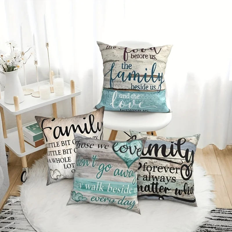 Set of 4 Short Plush Decor Family Saying Pillow Case for Sofa, Car, Bedroom And Home Decor Excluding pillow core 45.72x45.72 cm