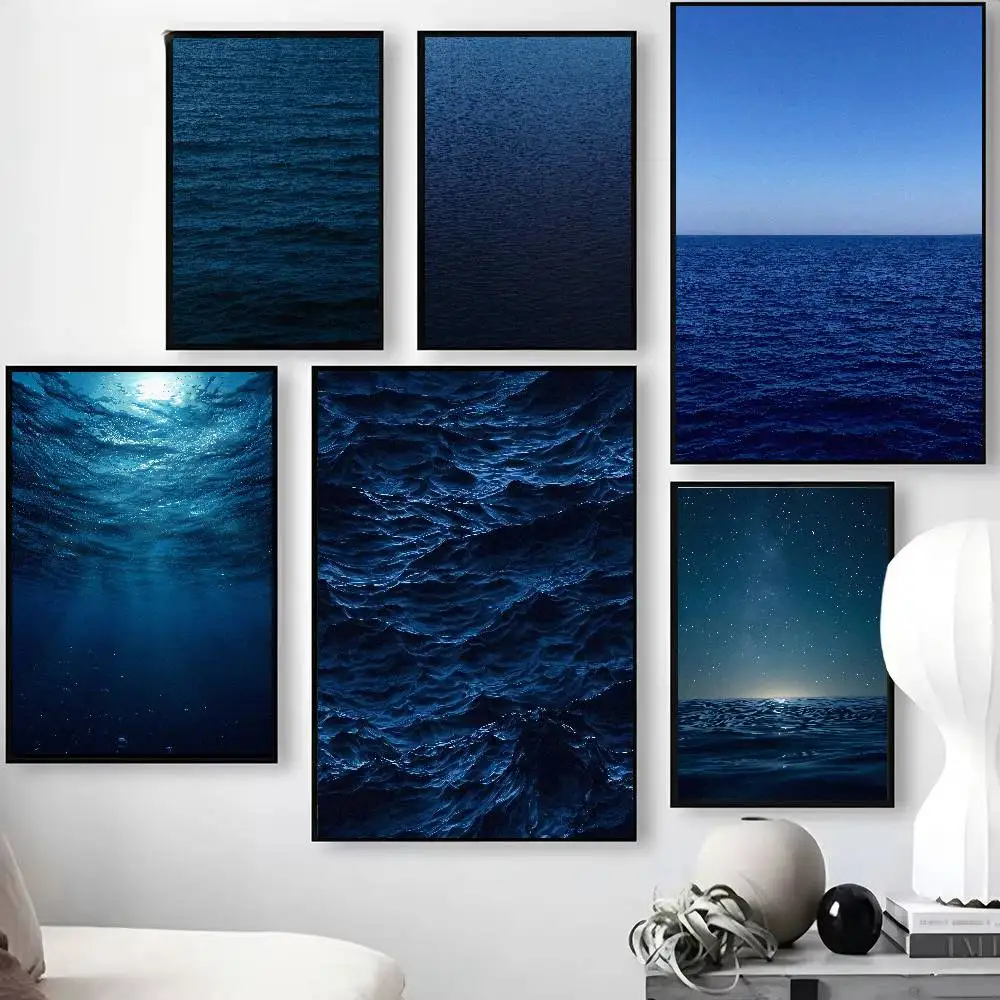 Minimal Blue Ocean Landscape Poster Calm Sea Surface Deep Blue Seawater Night Sky Sailboat Marine Peaceful Seascape Decor Poster