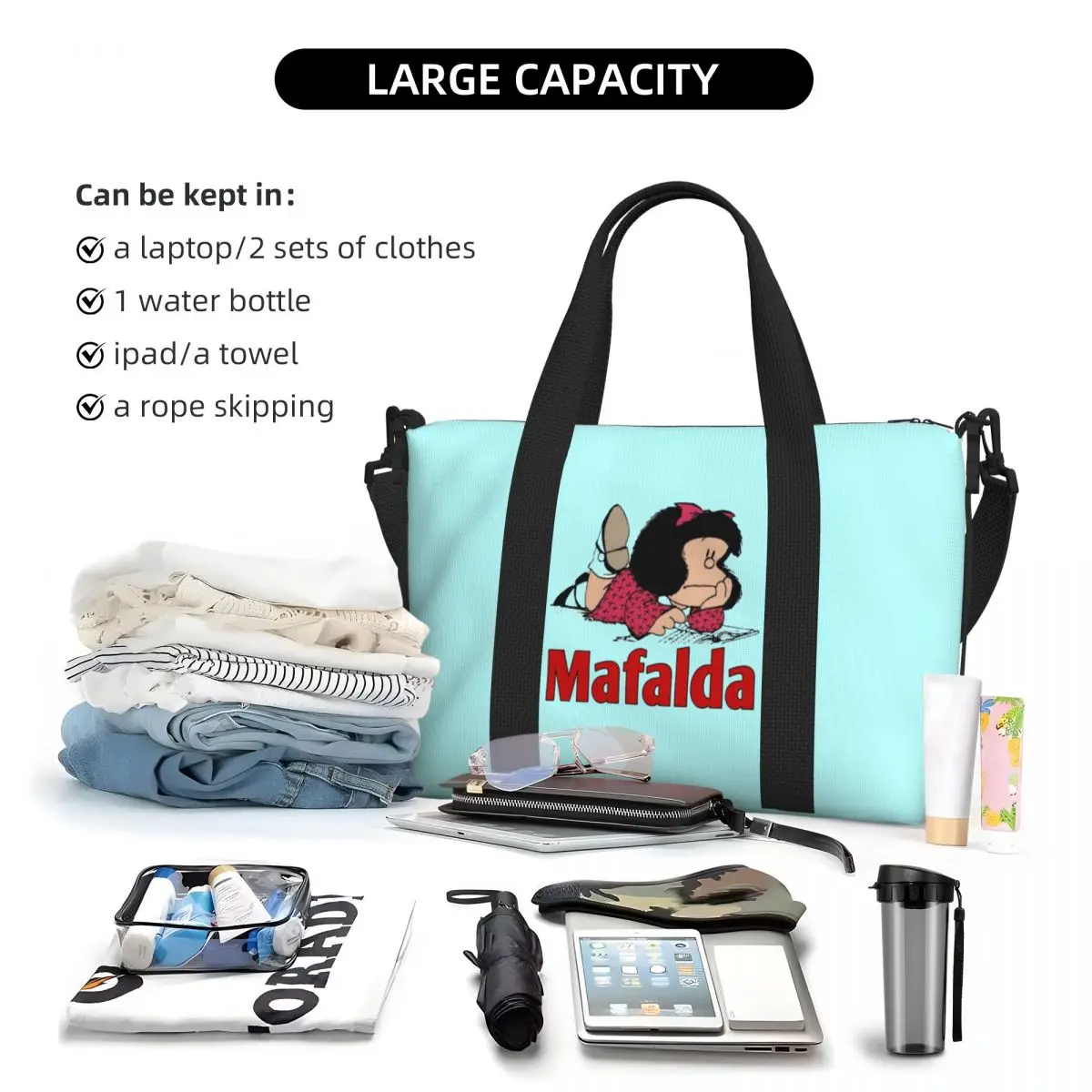 Custom Mafalda Tote Bag Women Large Capacity Cartoon Gym Beach Shoulder Travel Bag