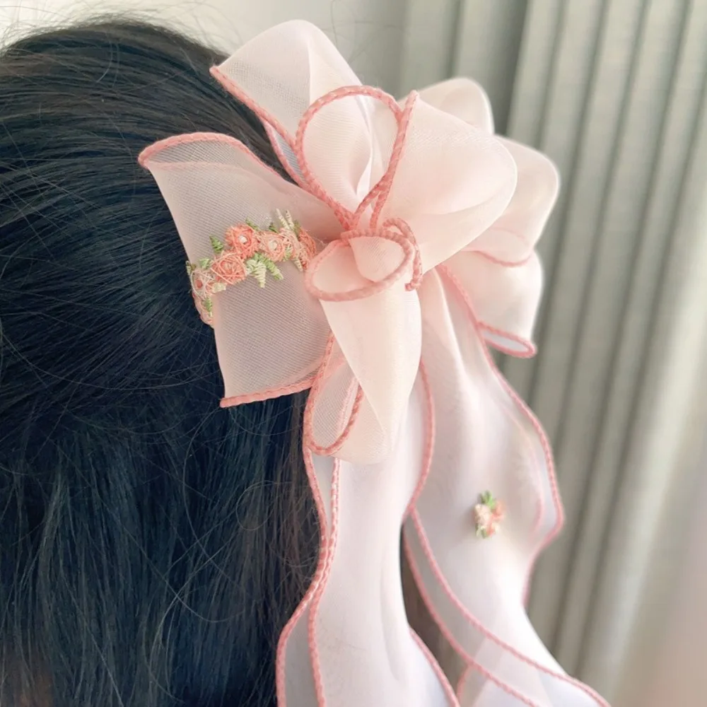 

Elegant Embroidered Floreal Braided Hairpin Bowknot Chiffon Ponytail Headdress Big Solid Color Ponytail Clip Kids