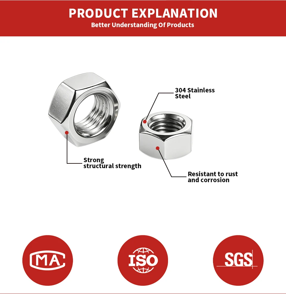 304 Edelstahl Sechskantmuttern A2-70 DIN934 Metrisches Gewinde Sechskantmutter Befestigungselement M1.2-M33 M3 M4 M5 M6 M8 M10 M12 M16 M20 – Detail 2