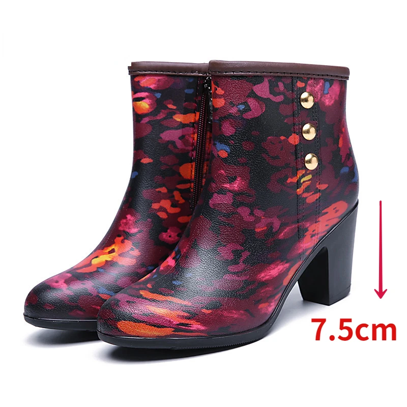 High Heels Rain Boots Luxury Designer Women Chunky Shoes Elegant Waterproof Ankle Rubber Galoshes Garden Work PVC Boot Footwear