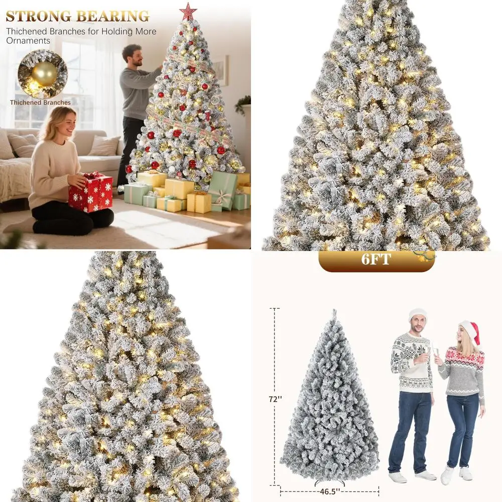 

6-Foot Pre-Lit Artificial Christmas Tree with 250 LED Lights, Flocked Green and White, Foldable Base, Metal Hinges, and Foot Ped