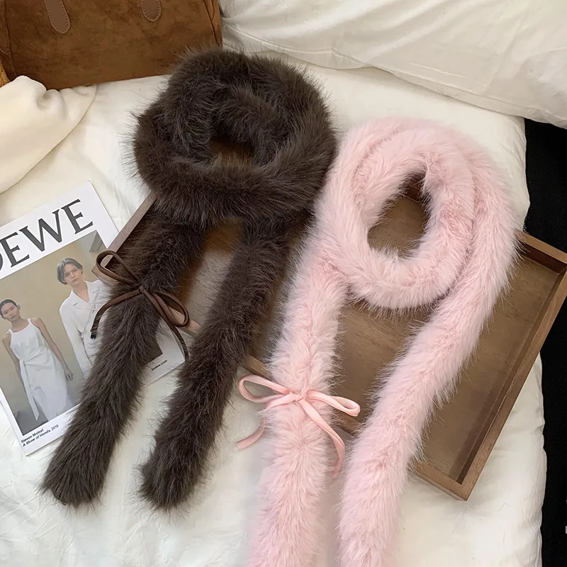 وشاح طويل من الفرو للنساء بفيونكة شعر أرنب صناعي شتوي وردي سميك دافئ يقلد أرنب كوري ياقة من الفرو الاصطناعي كاواي #2