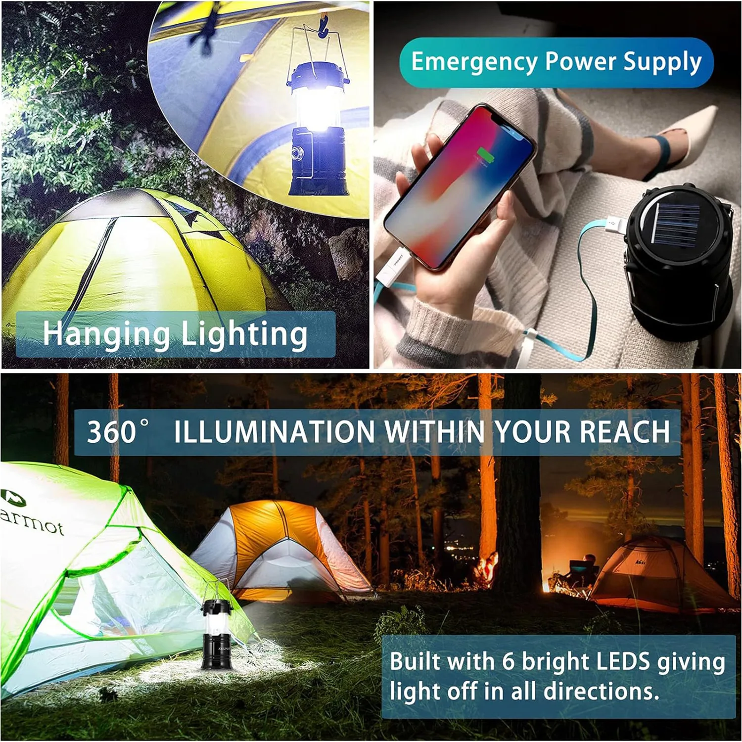 Solar Camping Lights COB Tent Lamp Portable Emergency Flashlight USB Rechargeable Waterproof Strong Light Fishing Hiking Torch