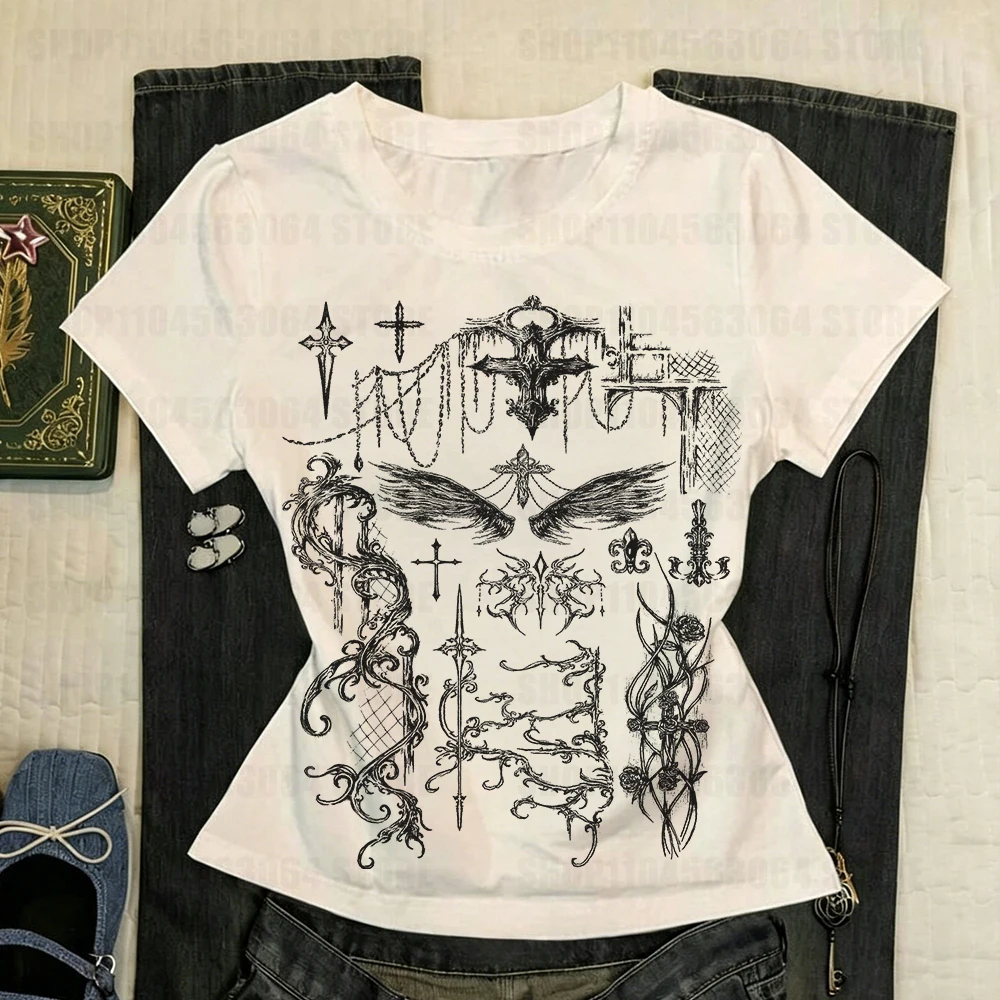 Crop Top Women's 2026 Spring Women's Short sleeved Baby T-shirt Y2k Top Grunge Clothes Women's T-shirt Y2k Kitty Kawaii Goth