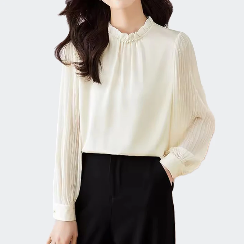 

Elegant Solid Office Shirt Tops Women Ruffles Collar Blouse Pleated Lantern Sleeve Chiffon Shirt Blusas Mujer 2025
