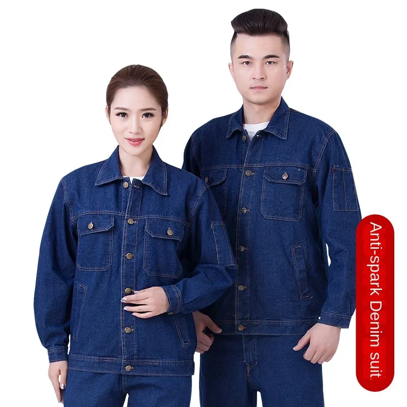 Denim Overalls Set Customized Spring and Autumn Labor Insurance Clothes Wear-resistant and Dirt-resistant Electric Welding,